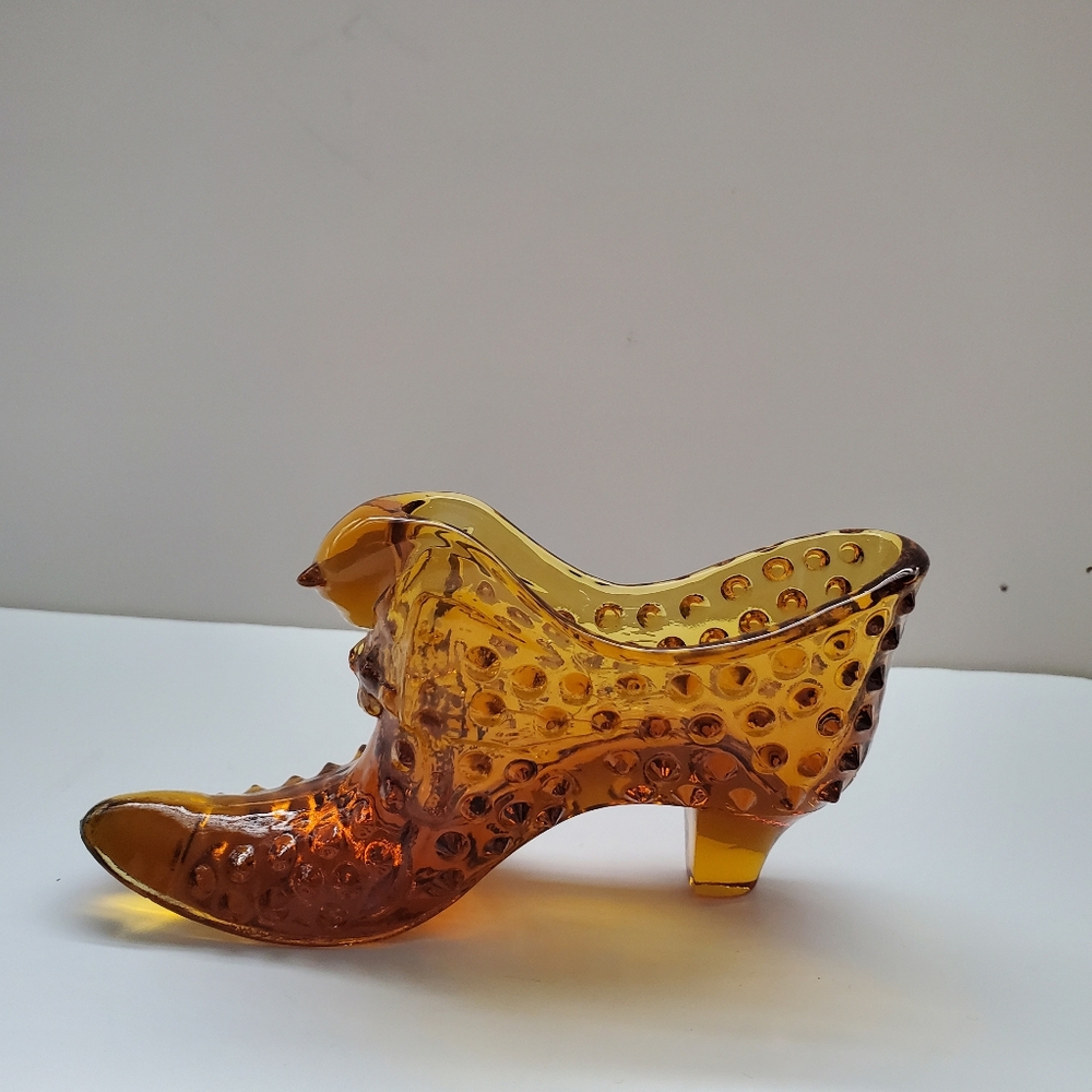 Vtg Fenton Honey Amber Cat Head Victorian Shoe Boot Hobnail Design Art Glass